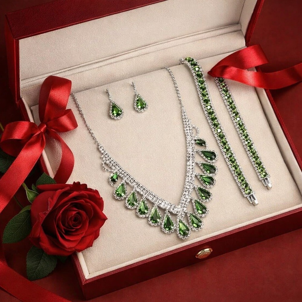 Jewelry Set Necklace, Bracelet & Earrings Elegant‎ Set 3-pcs Green Rhinestones